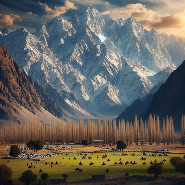 Chitral shandur polo ground, and huge maountains, snow seen on mountains