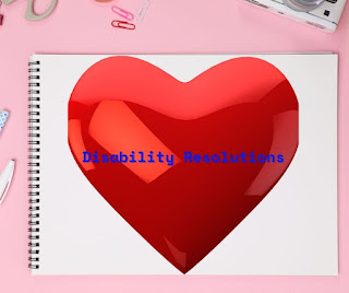 Notebook laying out flat with a heart inside. around the notebook are paperclips and pens. on the heart reads Disability Resolutions
