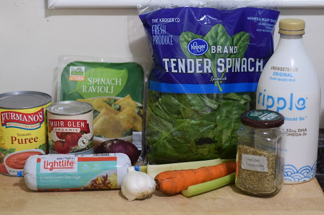 The ingredients needed to make the Easy Crockpot Vegan Ravioli Soup Recipe