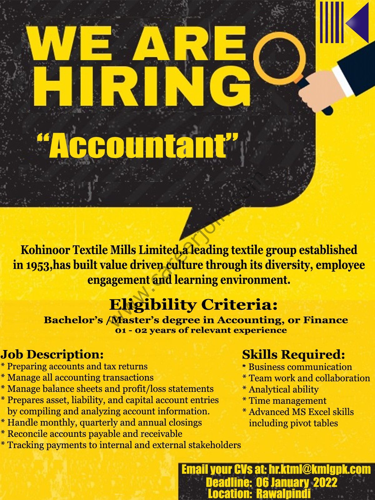 Kohinoor Textile Mills Ltd Jobs Accountant