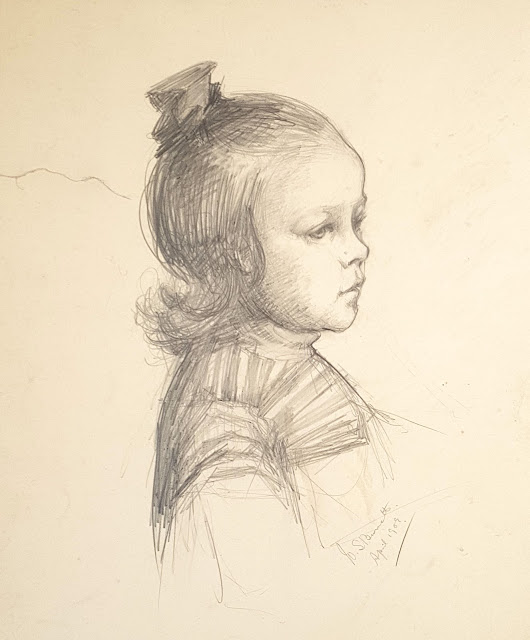 Pencil drawing made during her studies at the Edinburgh College of art, "Untitled (Girl's head)," by Winnie Burnett in 1909.