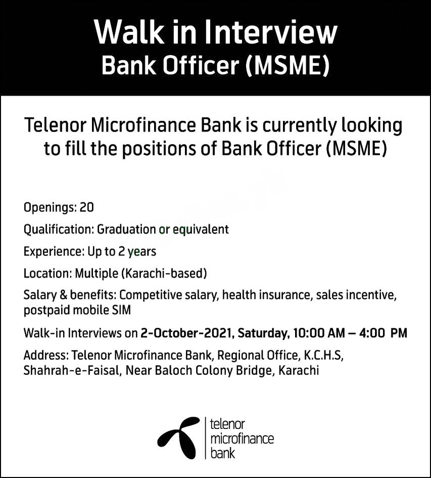 Telenor Microfinance BankT oday Latest Jobs 2021 In Pakistan  |  Bank Officer Today Latest Jobs