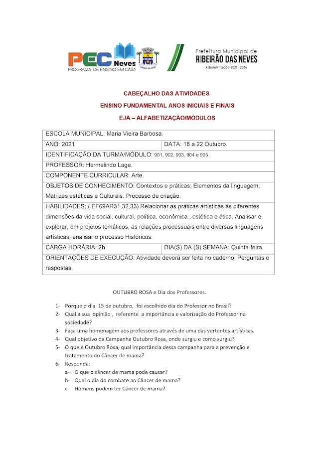 Atividades de Arte, professor Hermelindo, 9º anos - 901 a 905, referente aos dias 18 a 22 de outubro de 2021.