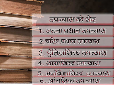 उपन्यास के प्रकार भेद। उपन्यास कितने प्रकार के होते हैं । Types of Novels in Hindi