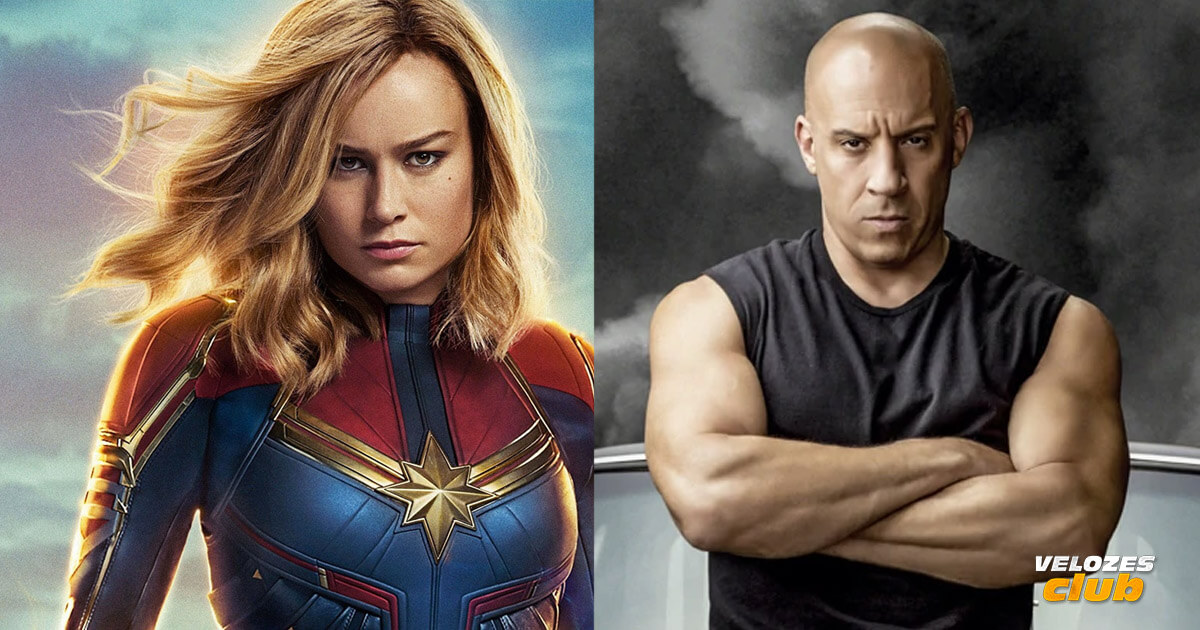 Na imagem vemos uma montagem com dois personagens, de um lado a Capitã Marvel e de outro Dominic Toretto.