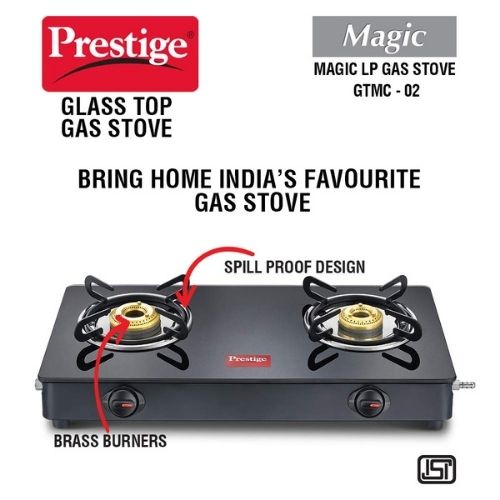 Prestige Gas Stove with 2 burners and glass top