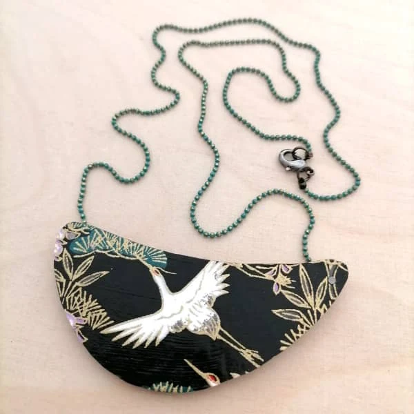 lucky crane origami paper crescent moon shaped necklace pendant with fine ball chain