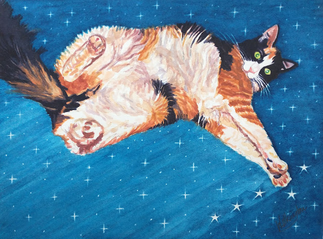 A watercolour of a tortoiseshell cat leaping through a starry night sky, entitled "Space Cat (Patchie)," by William Walkington