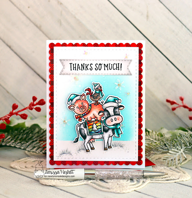 Winter Thank You Card by Larissa Heskett | Dairy Christmas Stamp Set, Floral Roundabout Stamp Set, Frames & Flags Die Set,Banner Trio Die Set and Meowy Christmas Paper Pad by Newton's Nook Designs #newtonsnook #handmade