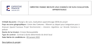 Offre d'emploi : Expertise France recrute un(e) chargé(e) de suivi évaluation apprentissage