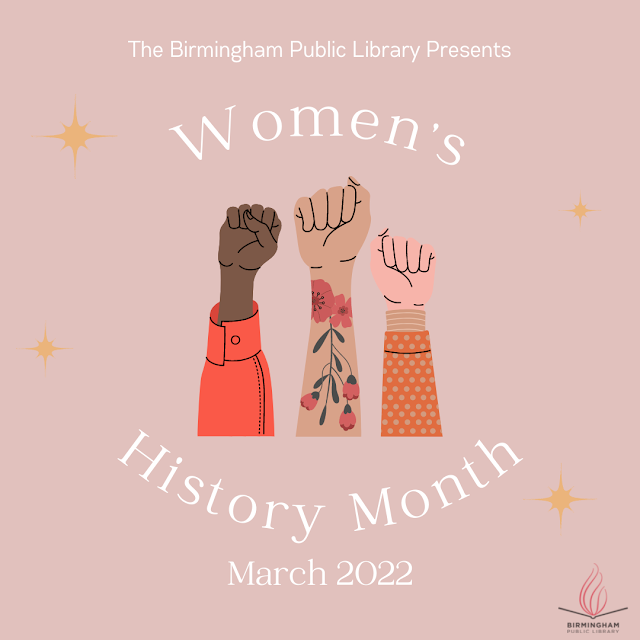 Dusty pink background with three arms raised in a fist in the center encircled with the words Women's History Month