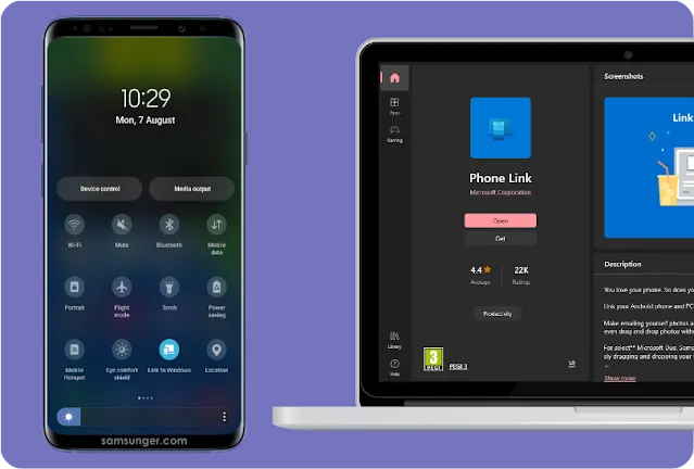 Phone Link in Microsoft Store and Link to Windows on Quick Settigns Panel of Samsung Picture