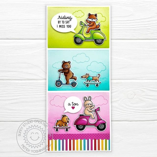 Sunny Studio Animals Riding Scooters & Skateboards Slimline Card (using Critters on the Go Stamps, Stitched Rectangle & Comic Strip Speech Bubble Dies, Rainbow Bright & Classic Gingham Paper)