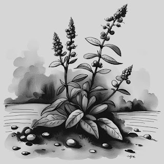 A black and white image of herbs growing from the ground