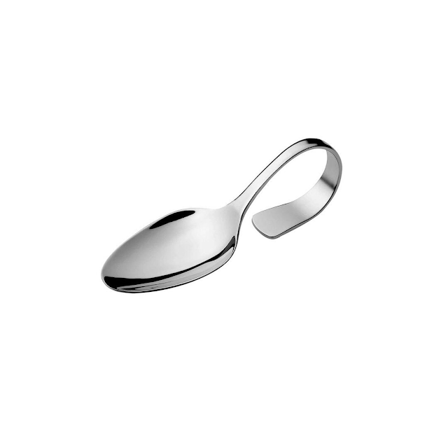 A spoon with a bent handle in an artistic shape.