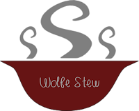 Red bowl with gray steam rising and Wolfe Stew inscribed on the front.