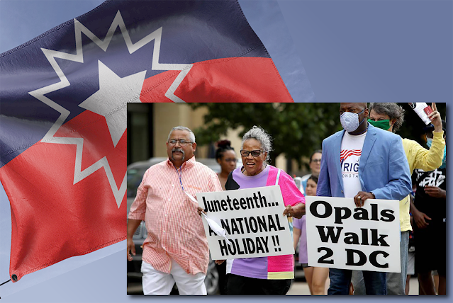 At left, the Juneteenth flag. At right, Opal Lee leads a group down a street in Ft. Worth in 2020. She carries a sign that says, “Juneteenth … a National Holiday!!” The man next to her carries a sign that says, “Opal’s Walk 2 DC.”