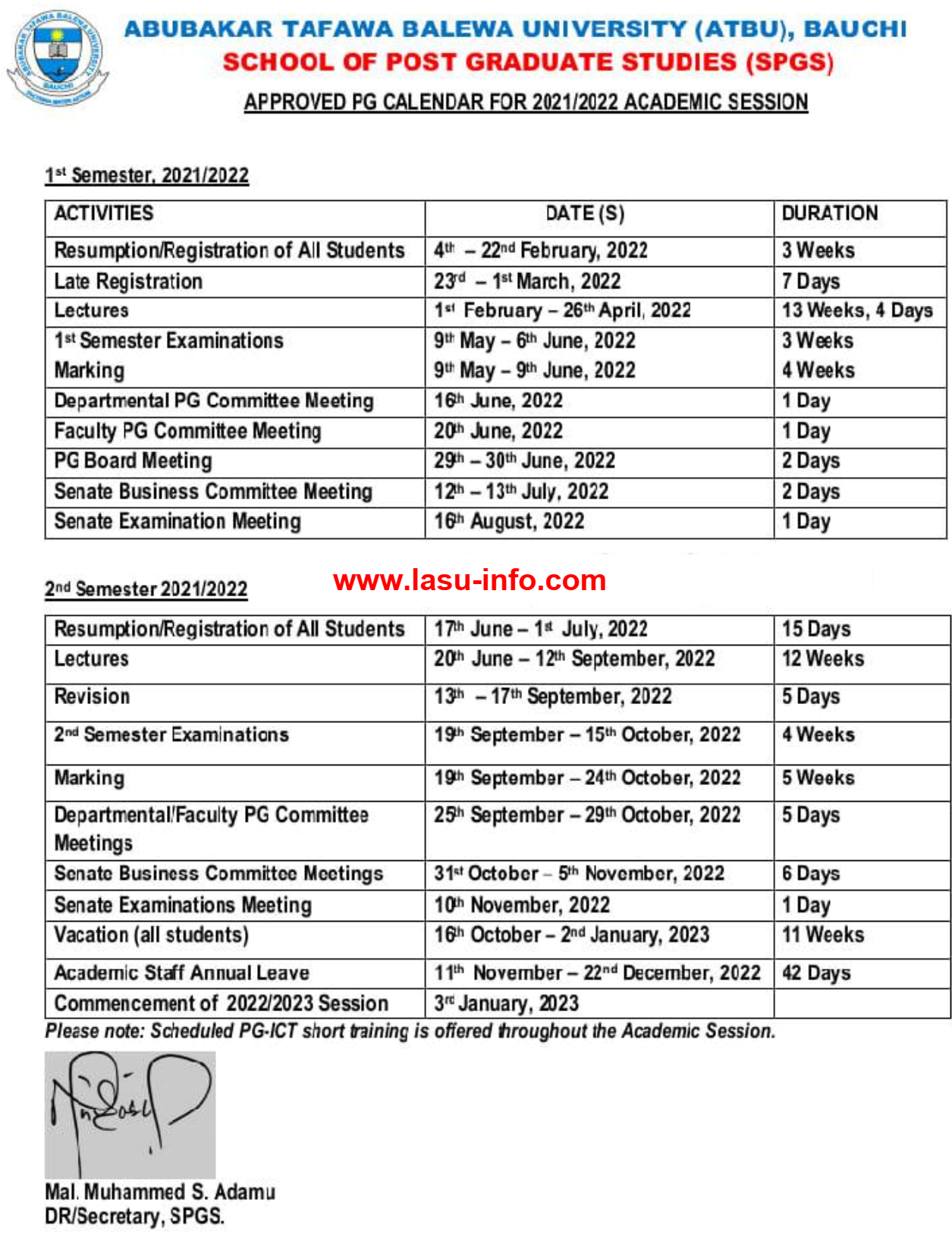 ATBU Postgraduate Academic Calendar Schedule 2021/2022