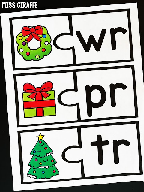 Christmas blends puzzles for kindergarten to cut out and practice initial sounds with fun December words