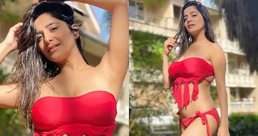 Kate Sharma red bikini curvy indian actress