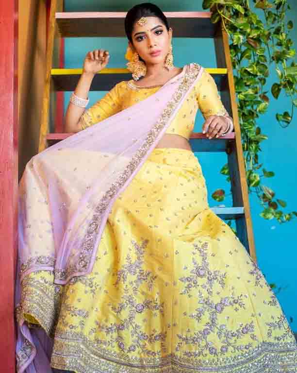 Actress Pavithra Lakshmi Latest Hot Sexy Navel Photoshoot Stills In yellow Saree