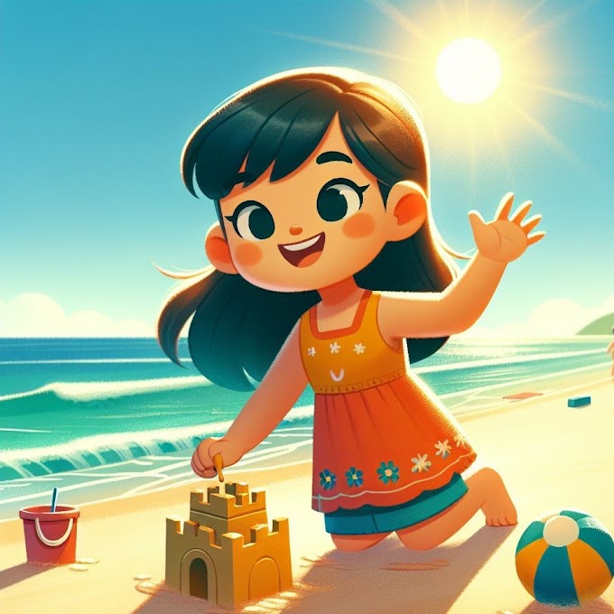 Cute Cartoon Girl playing on Beach 