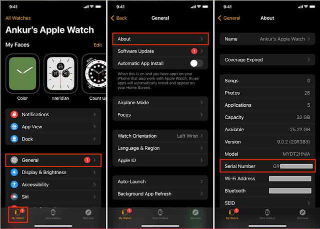 ابحث عن الرقم التسلسلي لـ Apple Watch في تطبيق iPhone Watch