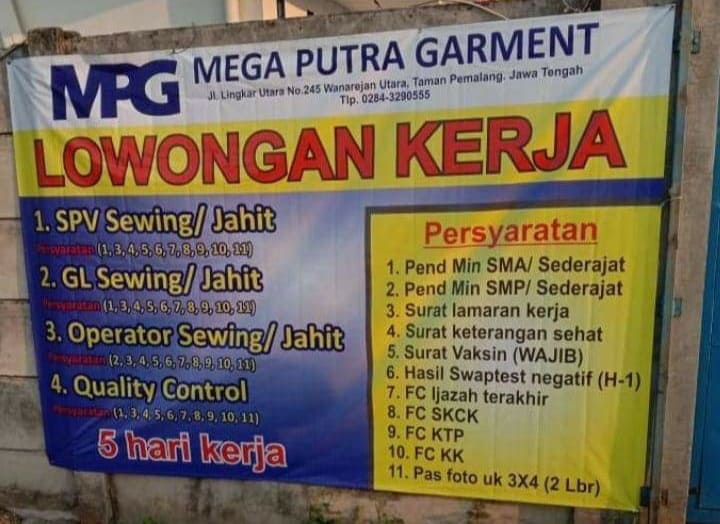 Loker PT Mega putra garment pemalang