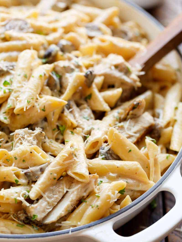 Quick and easy cook one-pot creamy mushroom chicken pasta meal