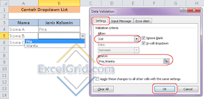 Contoh dropdown list Excel