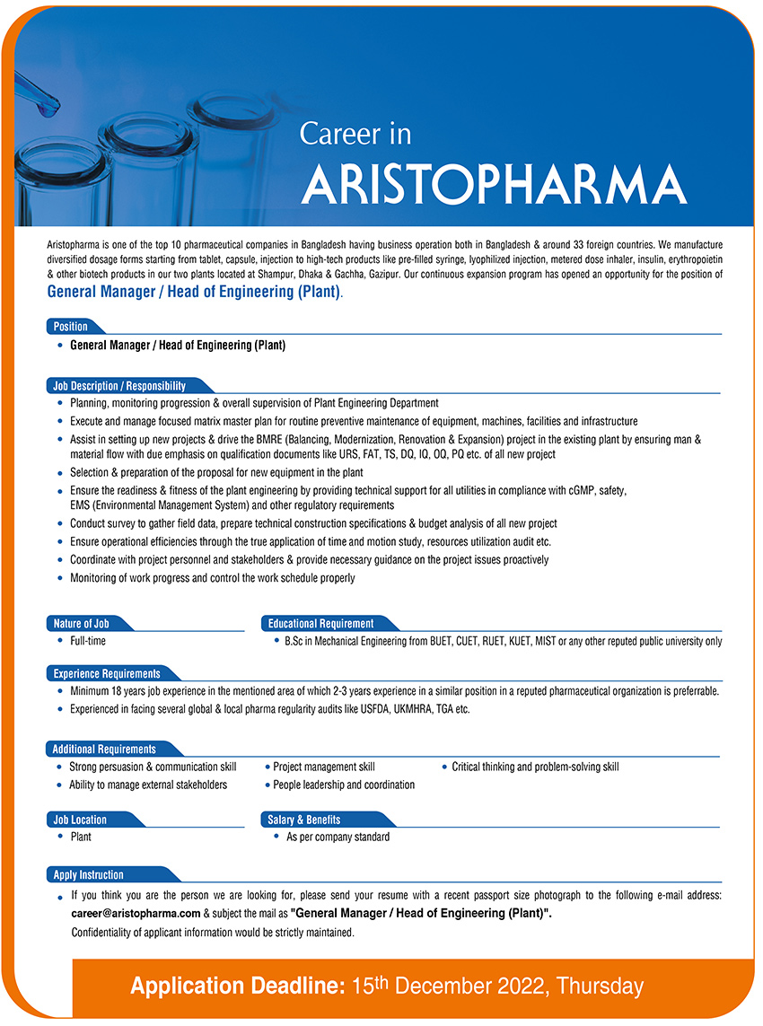 এরিস্টোফার্মা জেনারেল ম্যানেজার ও হেড অব ইঞ্জিনিয়ারিং (প্ল্যান্ট) পদে নিয়োগ ২০২২-২০২৩ সার্কুলার - Aristopharma General Manager & Head of Engineering (Plant) Recruitment 2022-2023 Circular - ঔষধ কোম্পানির চাকরির খবর ২০২২-২০২৩ - Pharmaceutical Company Jobs News 2022-2023