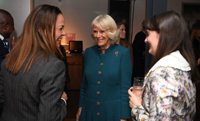 Kate Middleton wore a blue coat dress by Eponine. The Duchess of Cornwall wore a teal dress by Bruce Oldfield