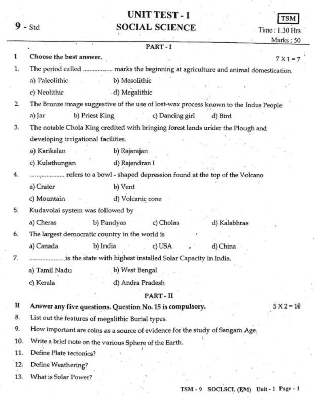 9th Social Science Unit Test 1 English Medium Question Paper 2021 Madurai Dt