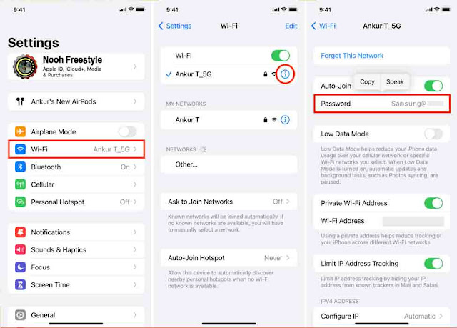ثلاث لقطات شاشة توضح كيفية رؤية كلمة مرور Wi-Fi لشبكة Wi-Fi متصلة في إعدادات iPhone على iOS 16