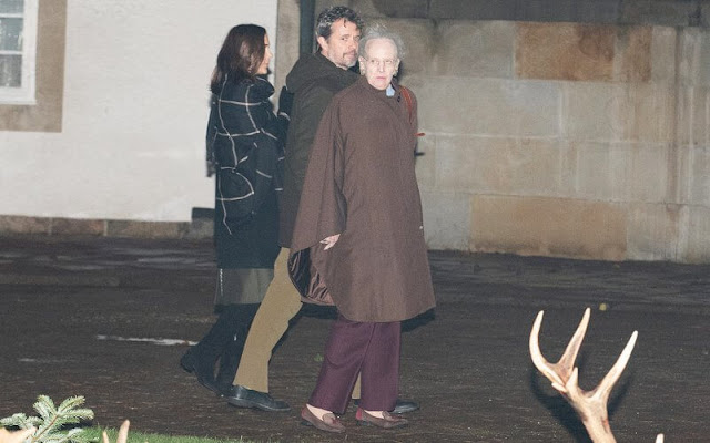 Crown Princess Mary wore a grey wool and cashmere double-faced essential coat by Theory. Queen Margrethe and Crown Prince Frederik