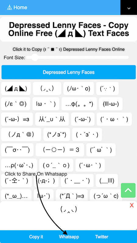 How to Share (っ´ω｀c) Depressed Lenny Faces On Whatsapp?