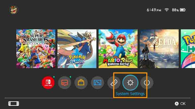 إعدادات النظام على شاشة Nintendo Switch الرئيسية.