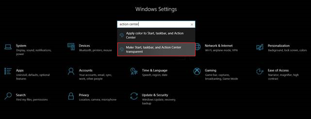 'Jadikan Start, Taskbar, dan Action Center Transparan