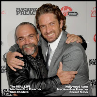 Sam Childers and Gerard Butler hugging each other during the MGP world tour