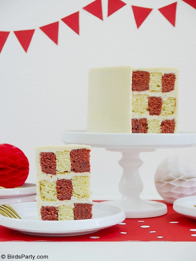 Strawberry Red Velvet and Vanilla Checkerboard Cake - easy to make, delicious cake for a birthday, gender reveal baby shower or spring tea party! by BirdsParty.com @BirdsParty #cake #checkeboard #checkerboardcake #redvelvetcake #redvelvet #cakedecorating #cakedecor #cake #cakedesign
