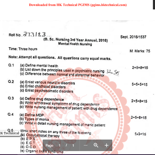 Mental Health Nursing BSc Nursing 3rd Year