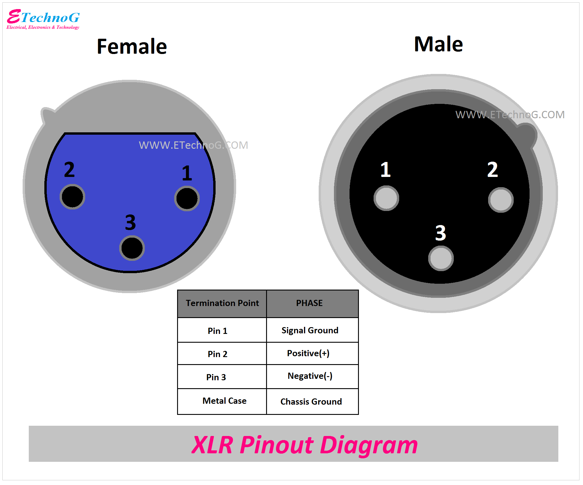 XLR Pinout Diagram, 3 pin XLR Connector Pinout Diagram, XLR Male, XLR Female