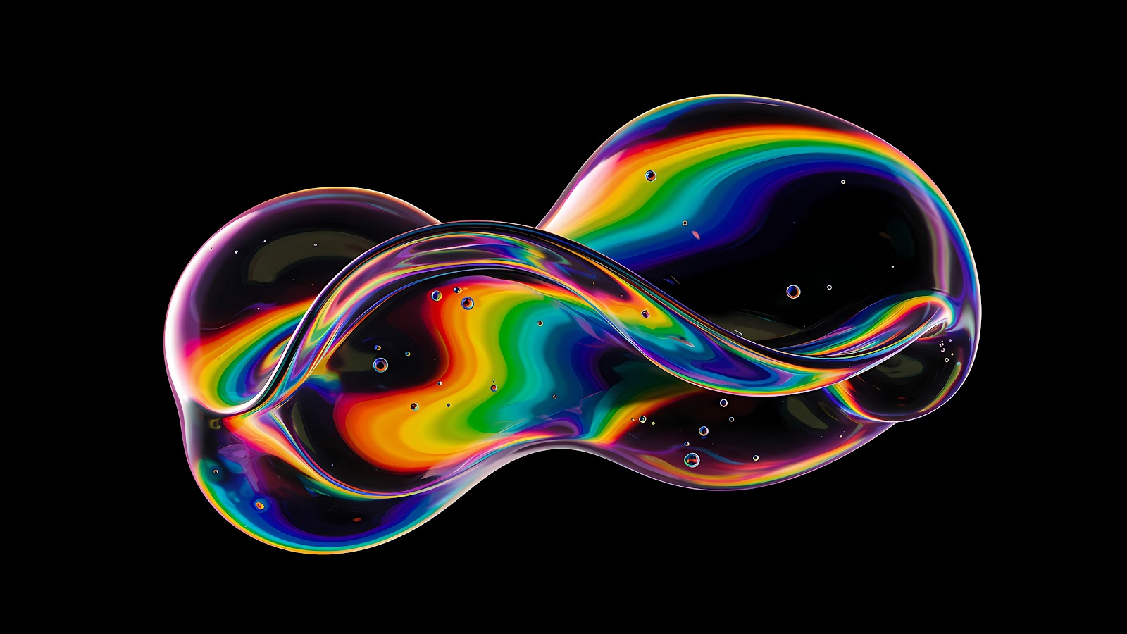 Download 4K abstract rainbow bubbles wallpaper, featuring a close-up of a transparent, fluid shape with a rainbow spectrum running through it, set against a black background.