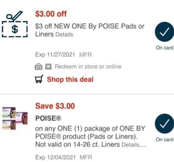 One by Poise CVS APP ONLY MFR Digital Coupon (go to CVS App)