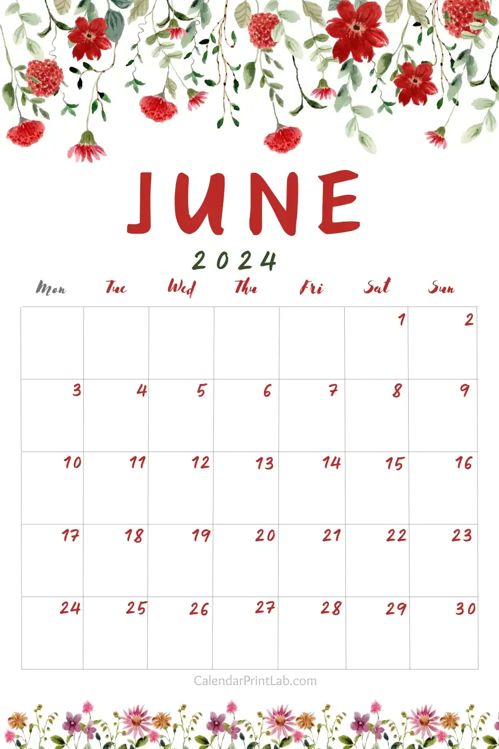 June 2024 Red Floral Calendar Download