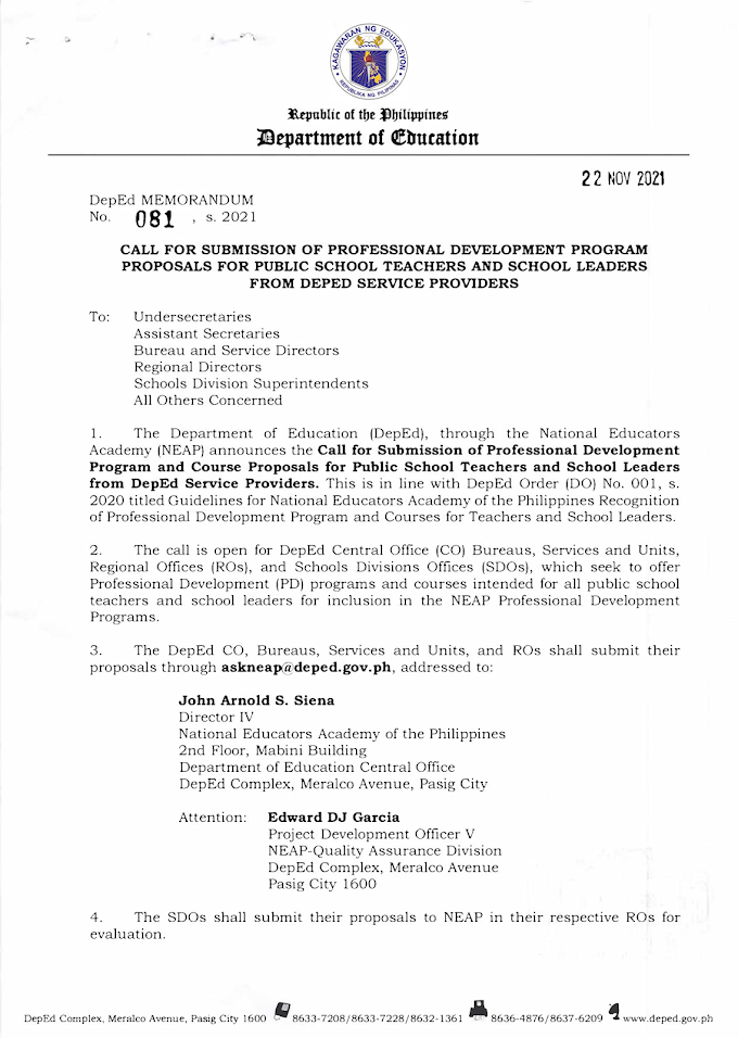 DepEd Memorandum DM No. 081 series 2021 |  CALL FOR SUBMISSION OF PROFESSIONAL DEVELOPMENT PROGRAM PROPOSALS FOR PUBLIC SCHOOL TEACHERS AND SCHOOL LEADERS FROM DEPED SERVICE PROVIDERS | Download Here!