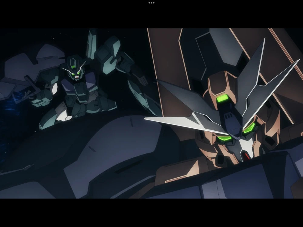 “Gundam Lfrith Ur y Lfrith Thorn, dos poderosos trajes móviles de la serie Gundam, en una pose de batalla.”