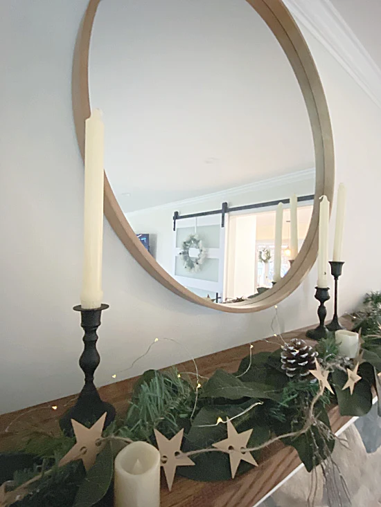 mantel, mirror and candlesticks