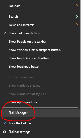 Task manager on start bar