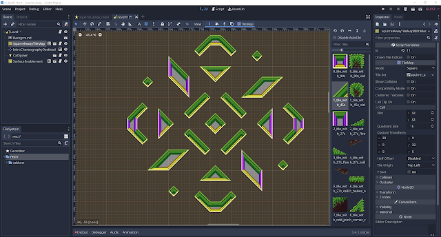 A screenshot of the Godot scene editor showing 45-degree tiles laid out by my new autotiling.
